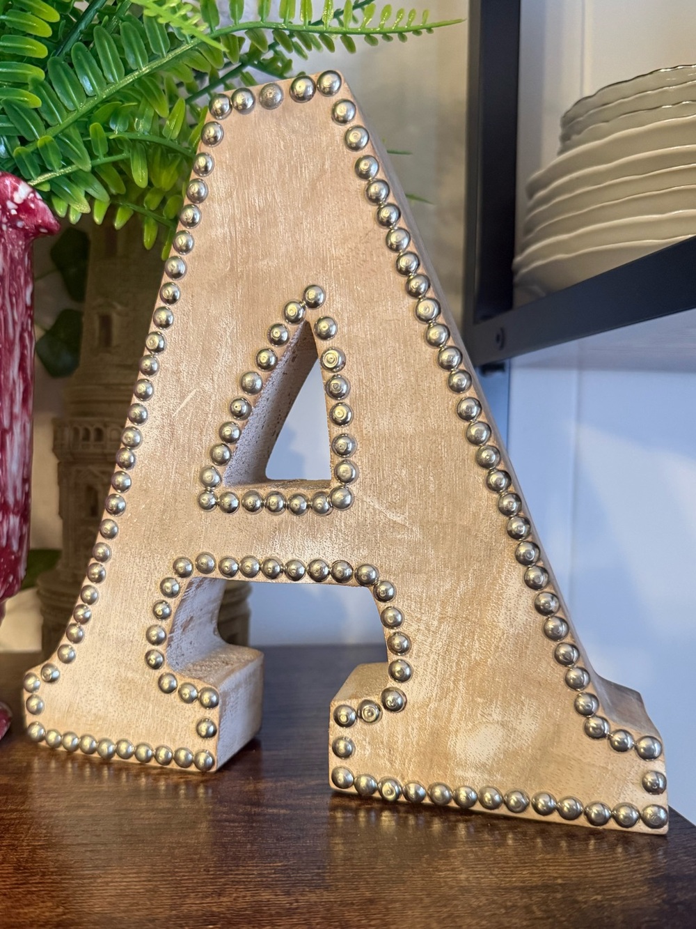 Wooden Letter A with Silver-Style Studs - Beige